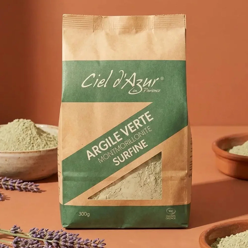 Argile verte surfine Ciel d'azur 300g avec lavande et bol en céramique