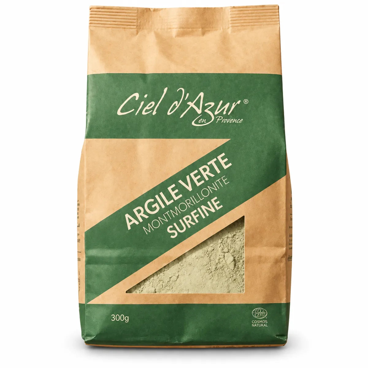 Argile verte surfine 300g Ciel d'azur en sachet kraft sur fond blanc