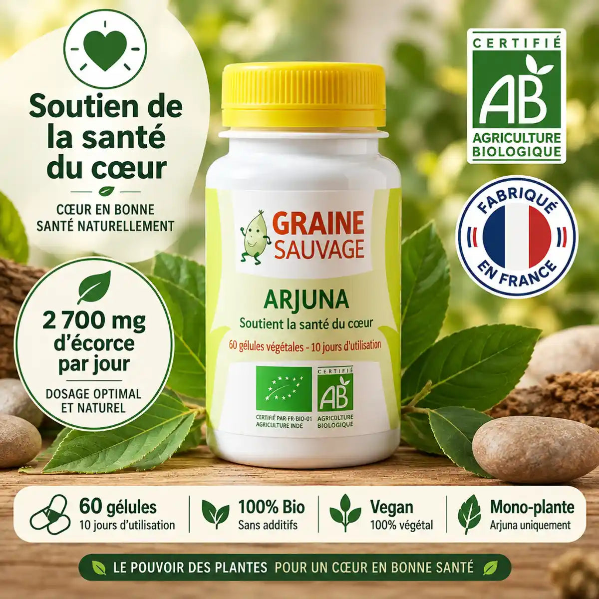 Arjuna bio 60 gélules Graine Sauvage sur surface bois avec feuilles vertes, certifications AB et Fabriqué en France