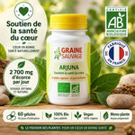 Arjuna bio 60 gélules Graine Sauvage sur surface bois avec feuilles vertes, certifications AB et Fabriqué en France