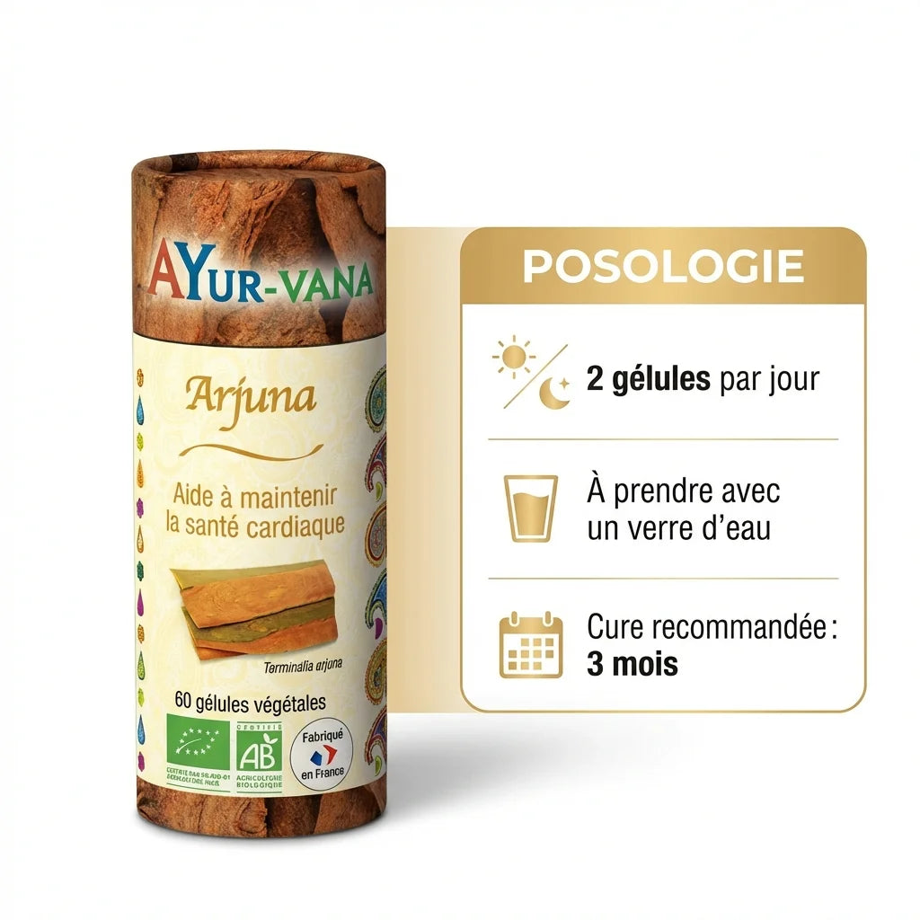 Arjuna Bio AyurVana complément cardiaque 60 gélules avec posologie et instructions d'utilisation