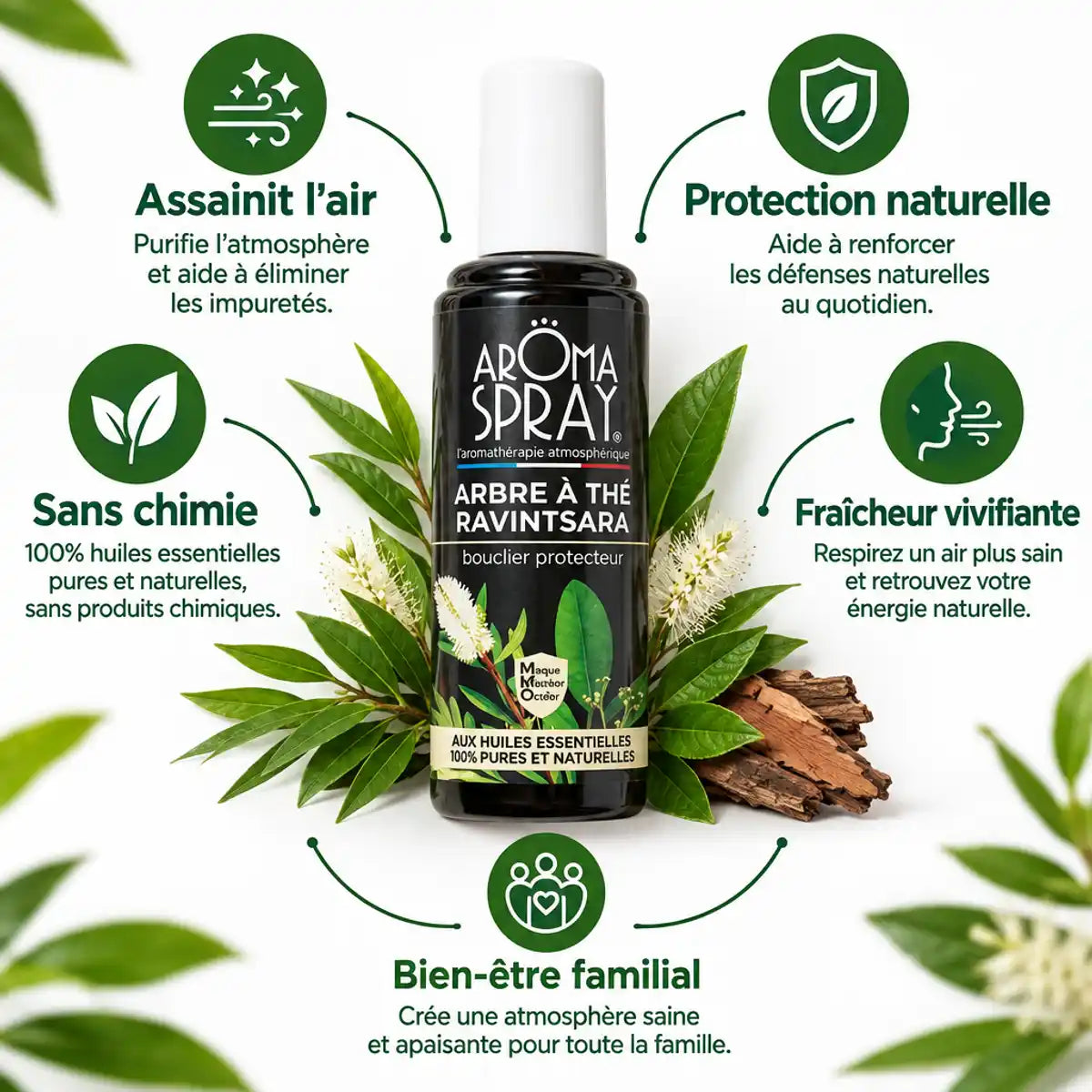 Aromaspray Arbre à thé Ravintsara 100ml avec 5 bénéfices: assainit l'air, protection naturelle, sans chimie