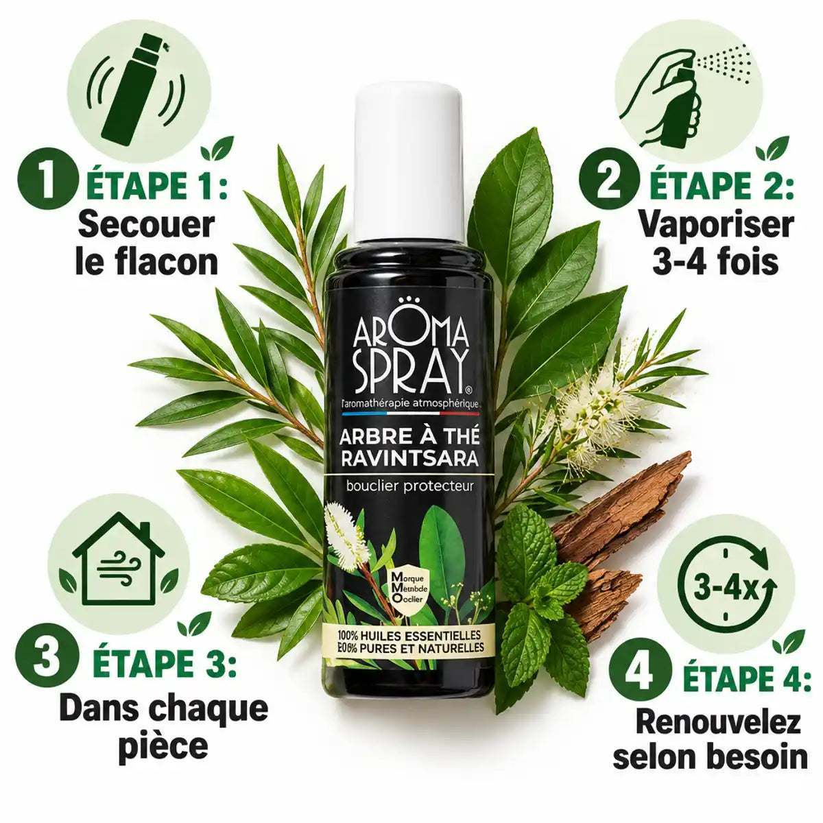 Aromaspray Arbre à thé Ravintsara 100ml avec instructions d'utilisation et ingrédients naturels