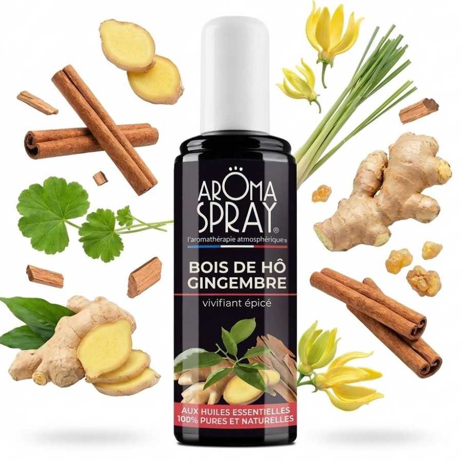 Aromaspray Bois de Hô & Gingembre 100ml entouré d'ingrédients naturels: bois de Hô, gingembre frais, cannelle et fleurs