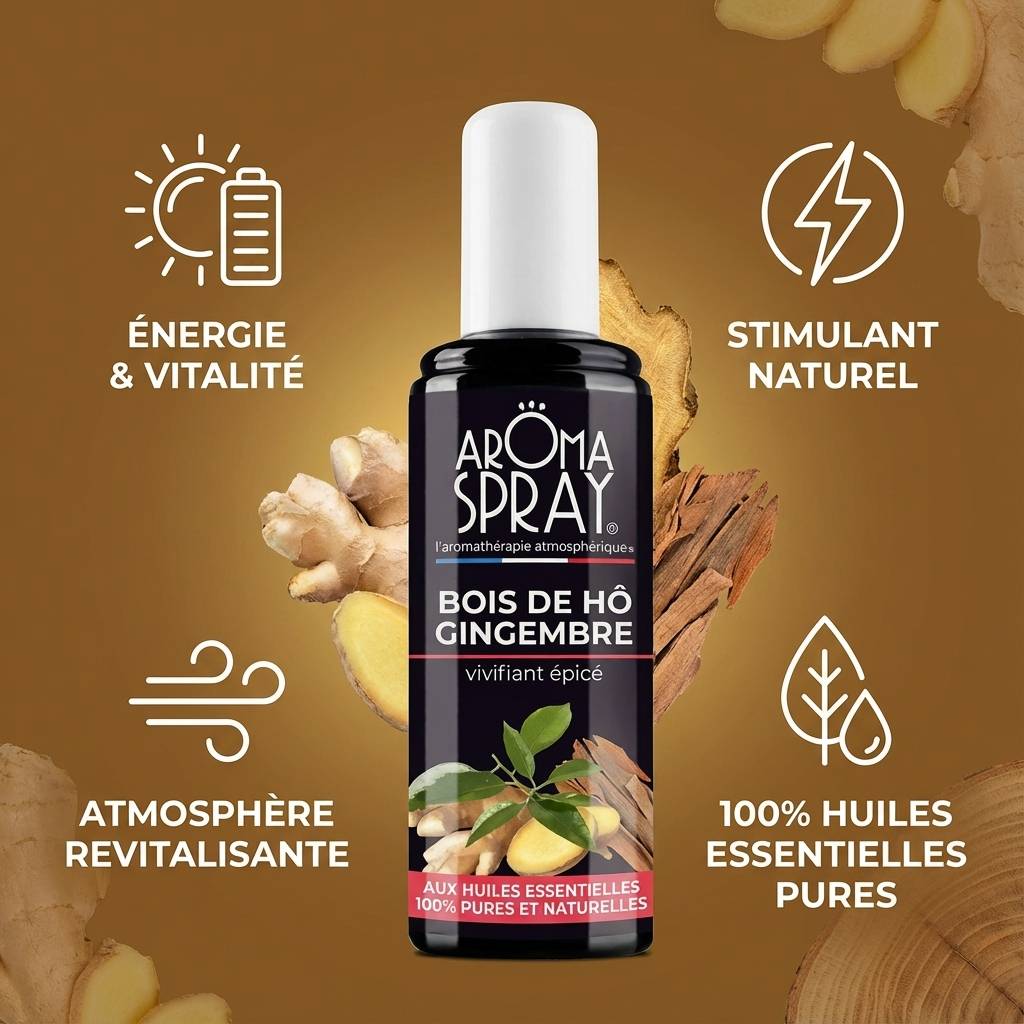 Aromaspray Bois de Hô & Gingembre 100ml avec bénéfices énergie et vitalité