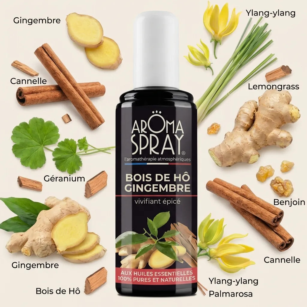 Spray aromathérapie Bois de Hô & Gingembre 100ml avec ingrédients naturels essentiels