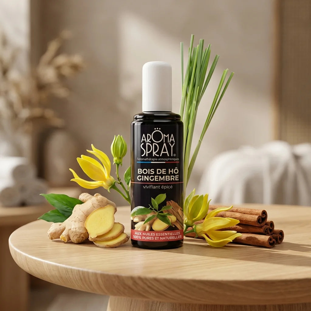 Aromaspray Bois de Hô & Gingembre 100 ml entouré de gingembre frais, bâtons de cannelle et fleurs ylang-ylang