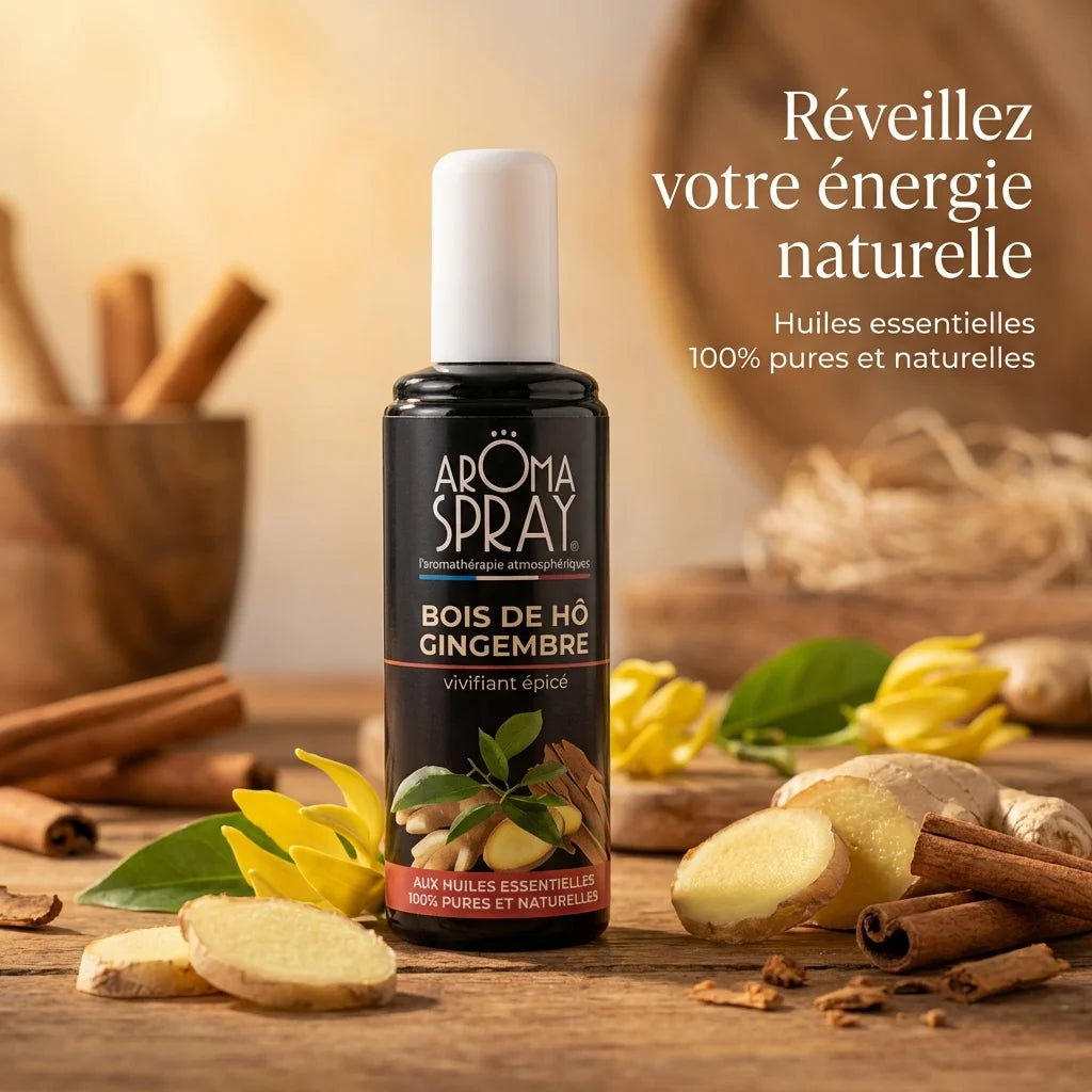 Aromaspray Bois de Hô Gingembre 100ml entouré de gingembre et fleurs, ambiance wellness naturelle