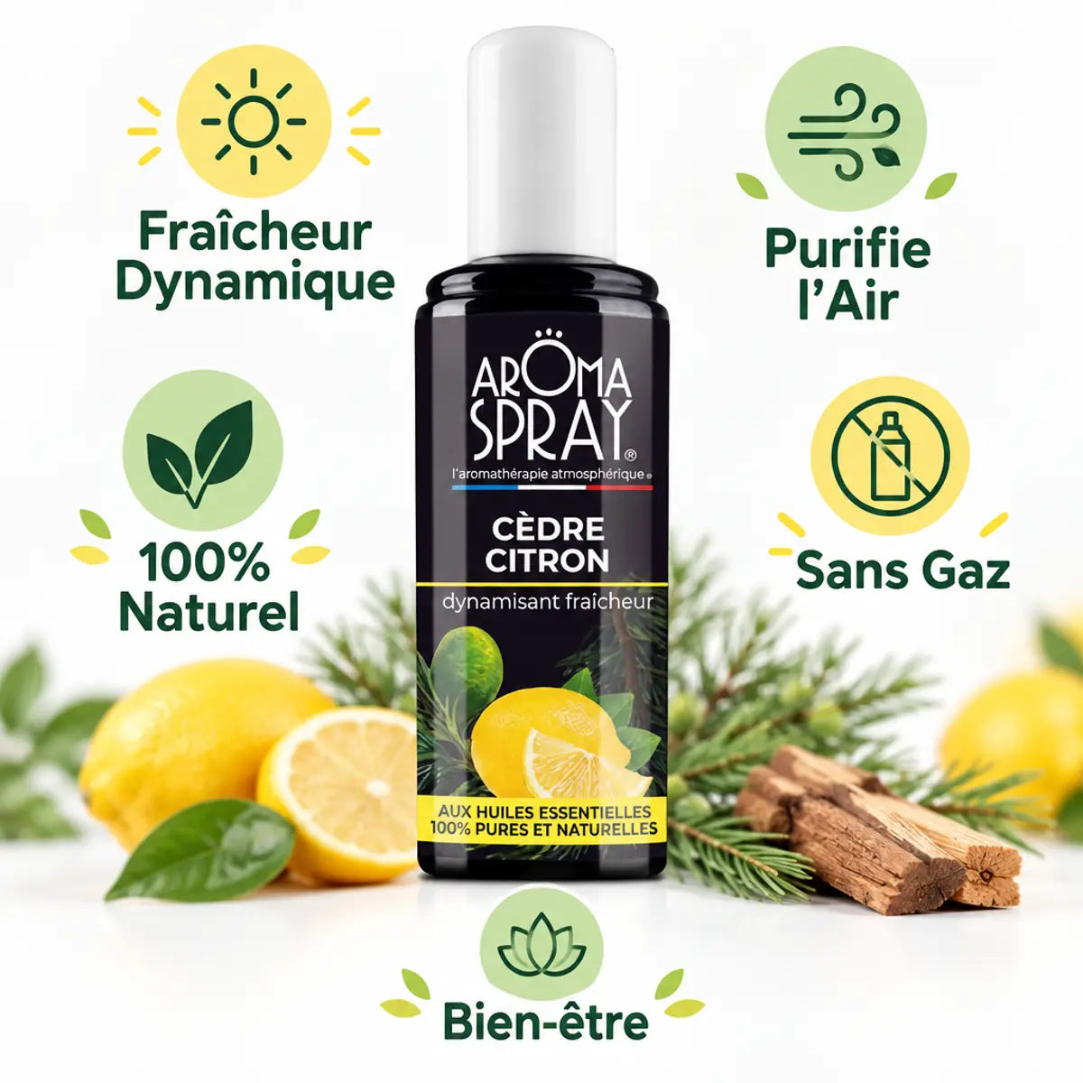 Aromaspray Cèdre Citron 100ml avec icônes bénéfices : fraîcheur, purification air, naturel