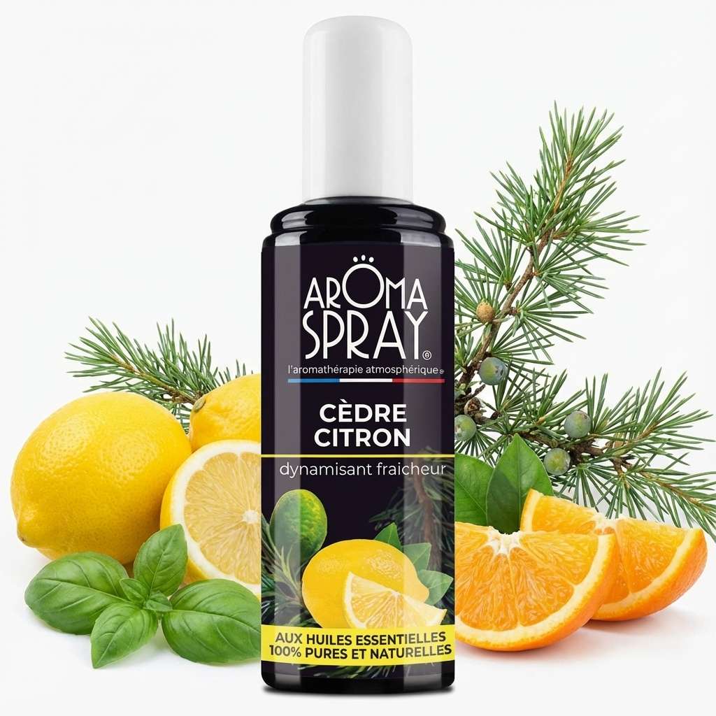Aromaspray Cèdre Citron 100ml avec citrons frais et branches de cèdre sur fond blanc