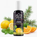 Aromaspray Cèdre Citron 100ml avec citrons frais et branches de cèdre sur fond blanc