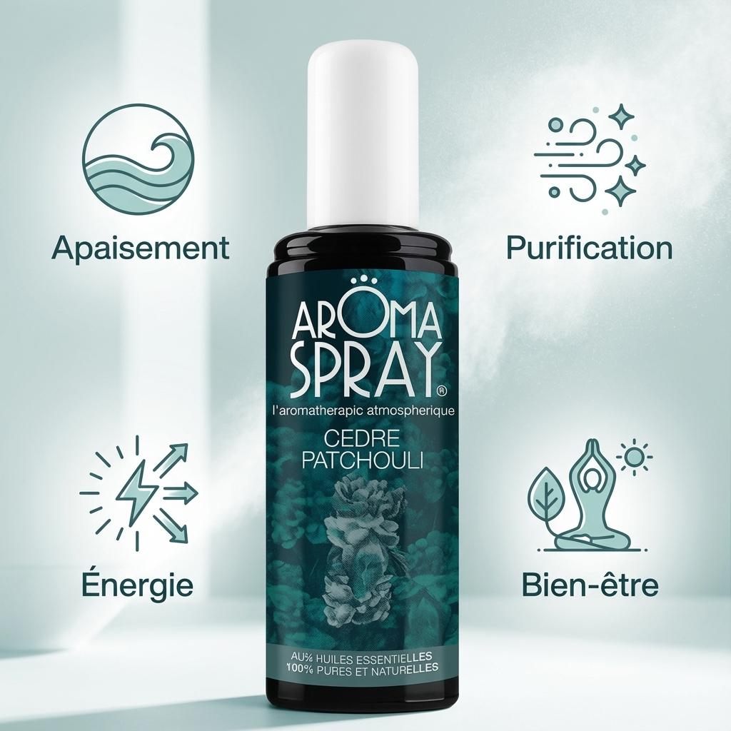 Aromaspray Cèdre Patchouli 100 ml avec infographies bénéfices apaisement purification énergie bien-être