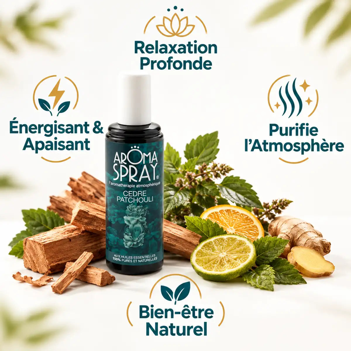 Aromaspray Cèdre Patchouli 100ml spray d'ambiance avec ingrédients naturels et bénéfices bien-être