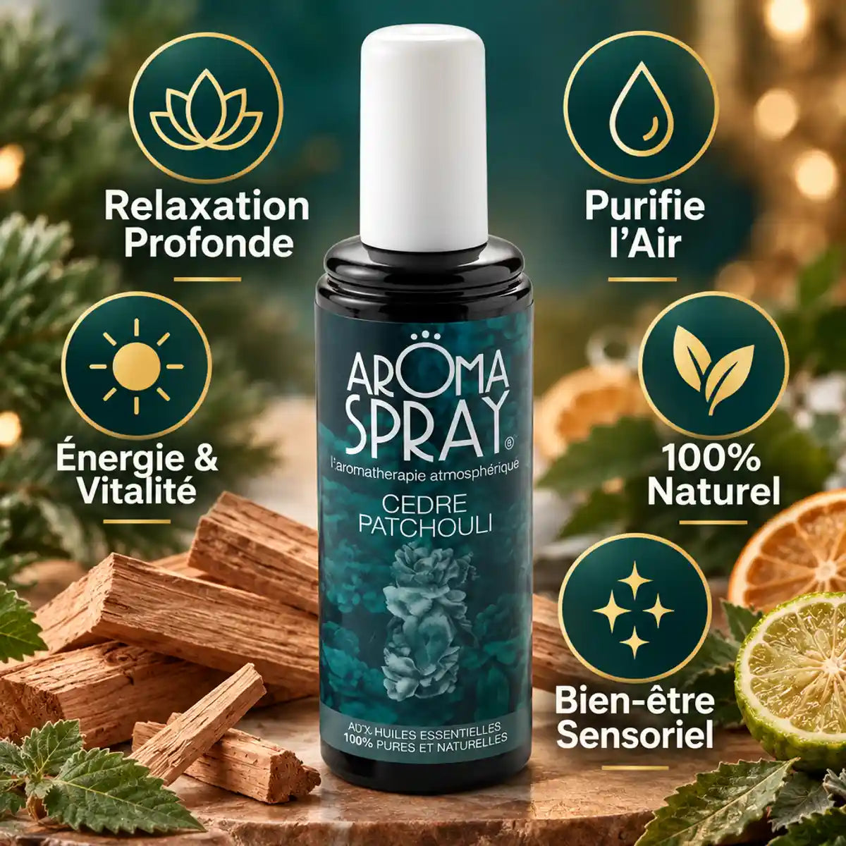 Aromaspray Cèdre Patchouli 100ml avec infographies benefits relaxation, purifie l'air, énergie naturelle
