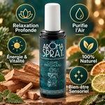 Aromaspray Cèdre Patchouli 100ml avec infographies benefits relaxation, purifie l'air, énergie naturelle