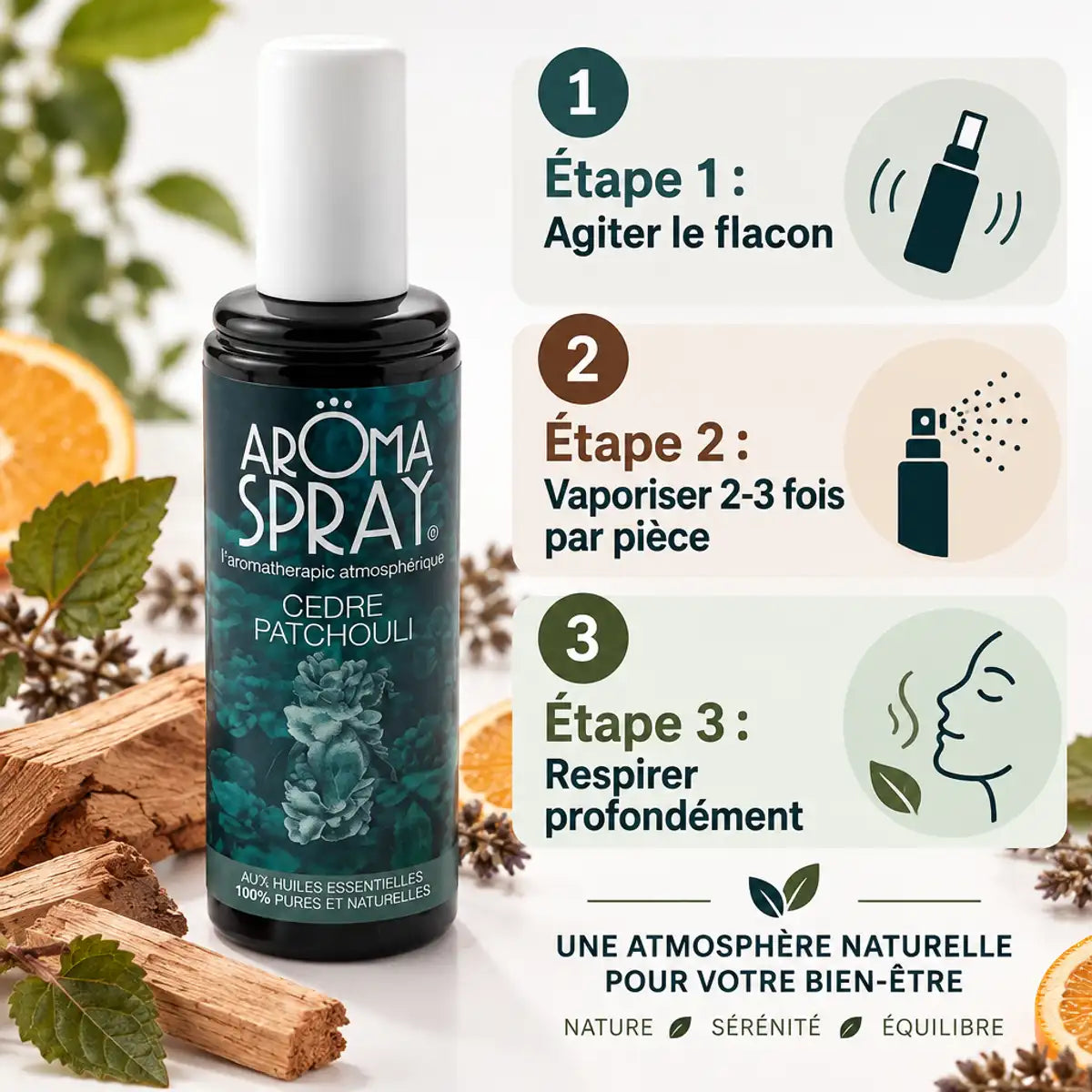 Aromaspray Cèdre Patchouli 100ml avec guide d'utilisation en 3 étapes et ingrédients naturels