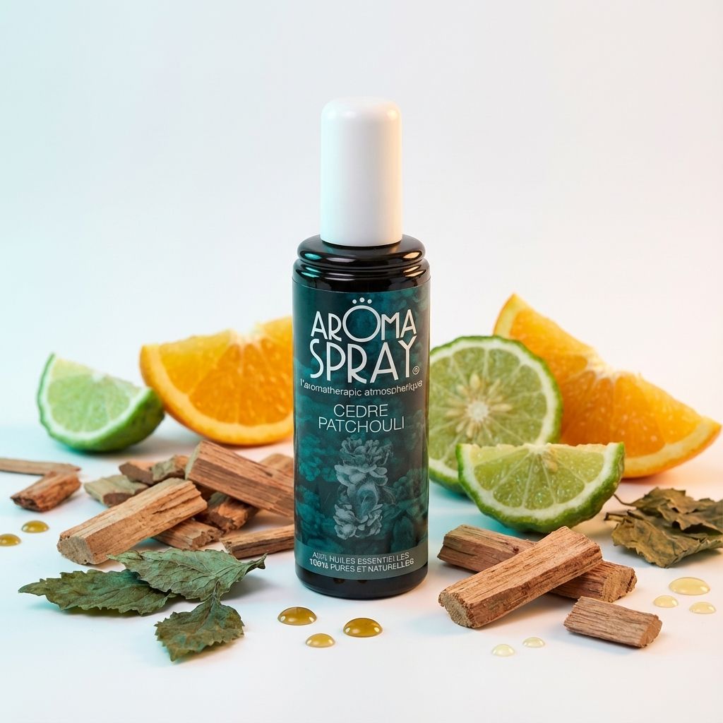 Spray d'ambiance Cèdre Patchouli 100 ml entouré d'ingrédients naturels et huiles essentielles