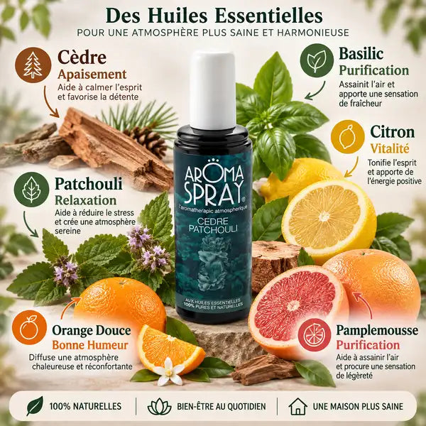 Spray Aromaspray Cèdre Patchouli 100ml avec ingrédients naturels et bénéfices relaxation