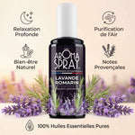 Aromaspray Lavande Romarin 100ml avec infographie des 5 bénéfices relaxants et purifiants Provence