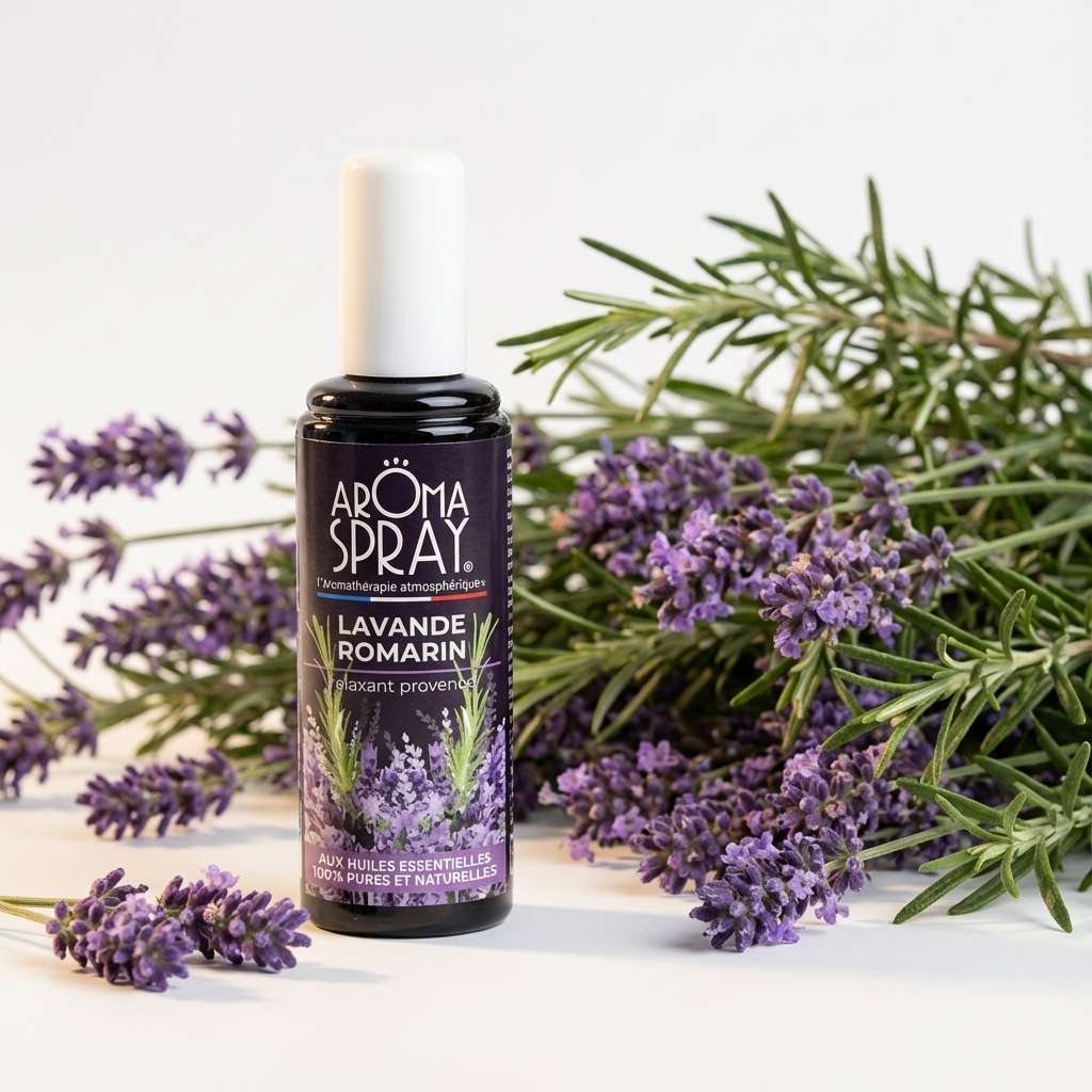 Aromaspray Lavande Romarin 100ml avec lavande et romarin frais sur fond blanc