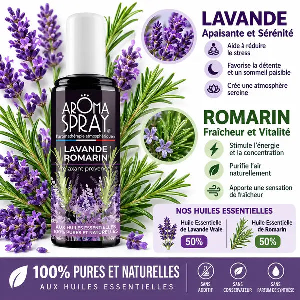 Aromaspray Lavande Romarin 100ml avec huiles essentielles pures, ingrédients botaniques et bénéfices relaxants