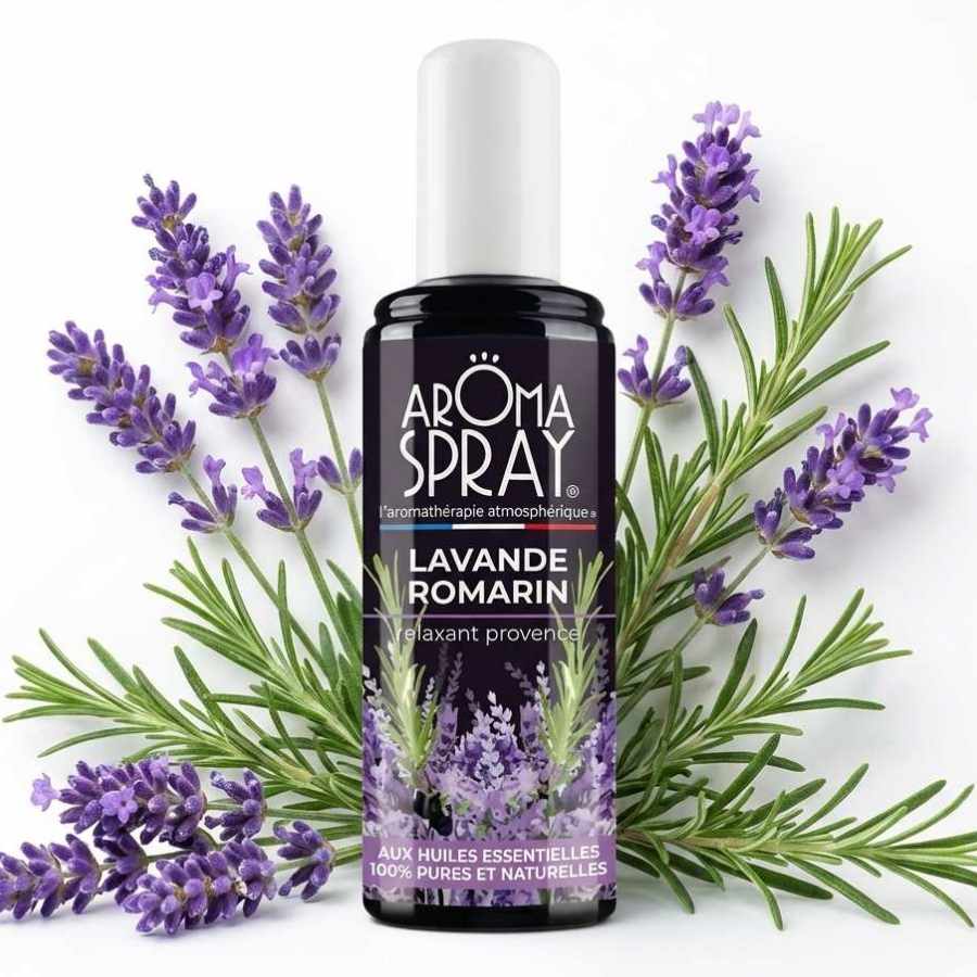 Aromaspray Lavande Romarin 100ml avec lavande et romarin frais sur fond gris