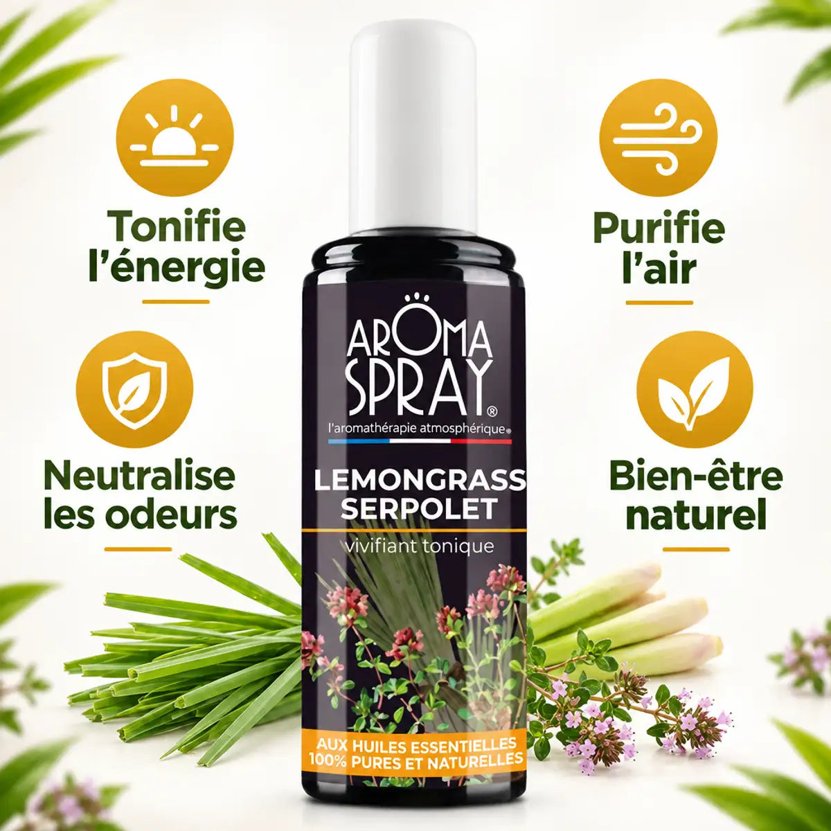 Aromaspray Lemongrass Serpolet 100ml avec bénéfices tonifiants, purifiants et bien-être naturel