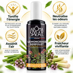 Aromaspray Lemongrass Serpolet 100ml tonifiant avec infographie des bénéfices et herbes fraîches