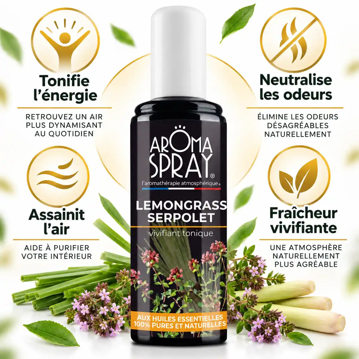 Aromaspray Lemongrass Serpolet 100ml tonifiant avec infographie des bénéfices et herbes fraîches