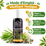 Aromaspray Lemongrass Serpolet 100ml avec guide d'emploi et herbes fraîches sur fond blanc