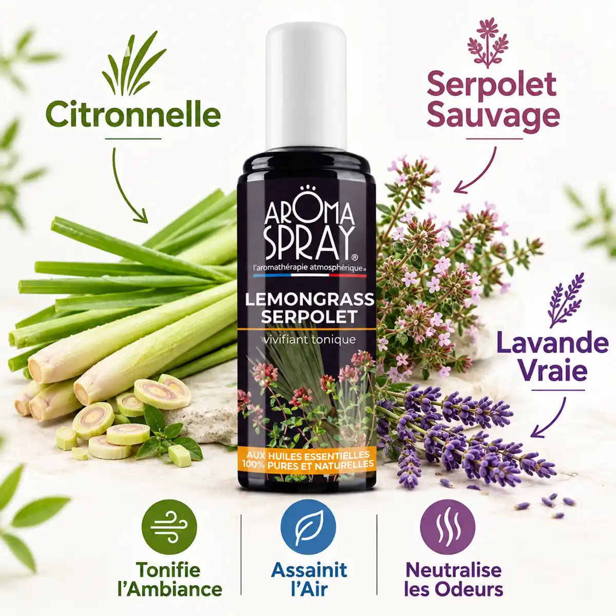 Aromaspray Lemongrass Serpolet 100ml avec ingrédients naturels citronnelle et thym sauvage tonifiant
