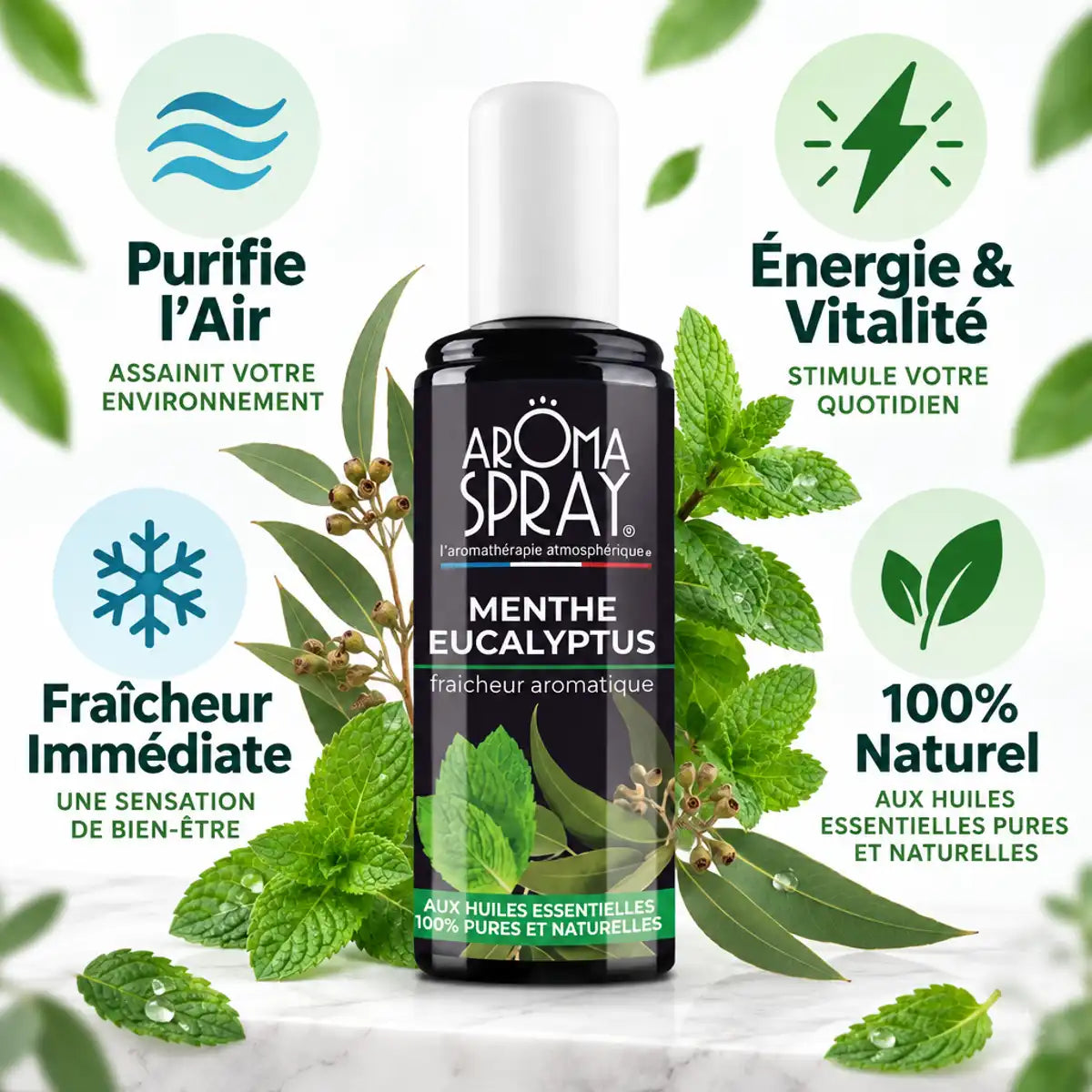 Aromaspray Menthe Eucalyptus 100ml avec feuilles fraîches et 4 bénéfices clés illustrés