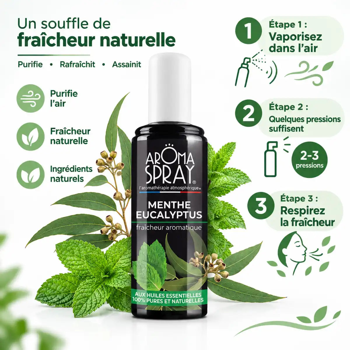 Aromaspray Menthe Eucalyptus 100ml avec feuilles fraîches et guide d'utilisation en 3 étapes