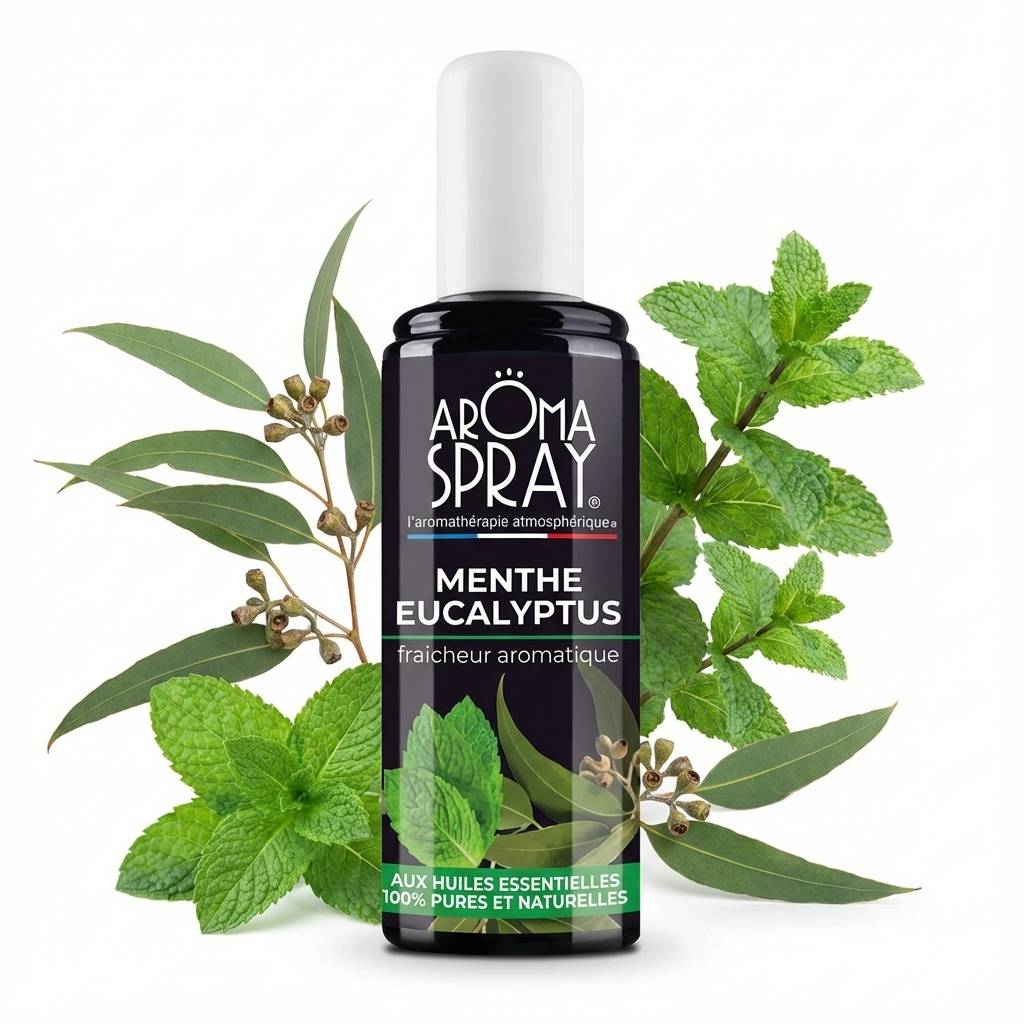 Aromaspray Menthe Eucalyptus 100ml avec feuilles menthe et branches eucalyptus sur fond blanc