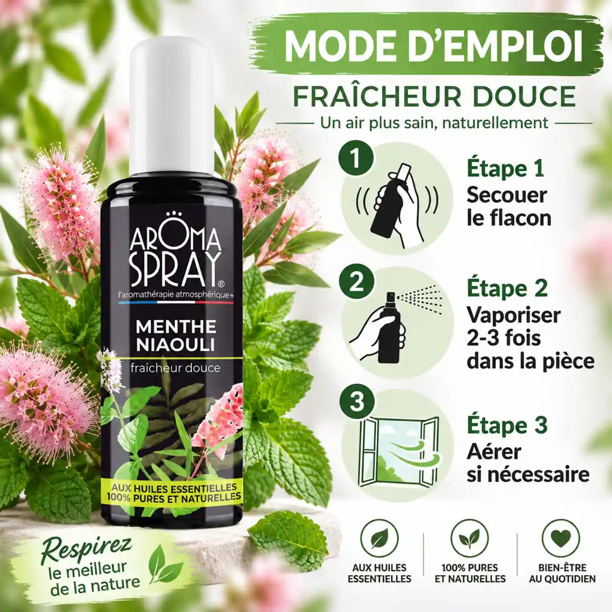 Aromaspray Menthe Niaouli 100ml avec guide d'utilisation et éléments botaniques frais
