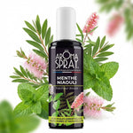 Flacon Aromaspray Menthe Niaouli 100ml entouré de feuilles de menthe fraîche et fleurs de niaouli