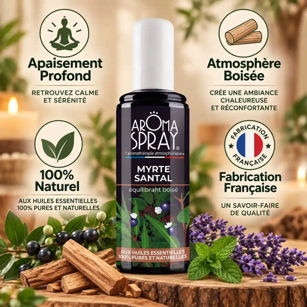 Aromaspray Myrte Santal 100ml avec bénéfices : apaisement, atmosphère boisée, naturel, fabrication française