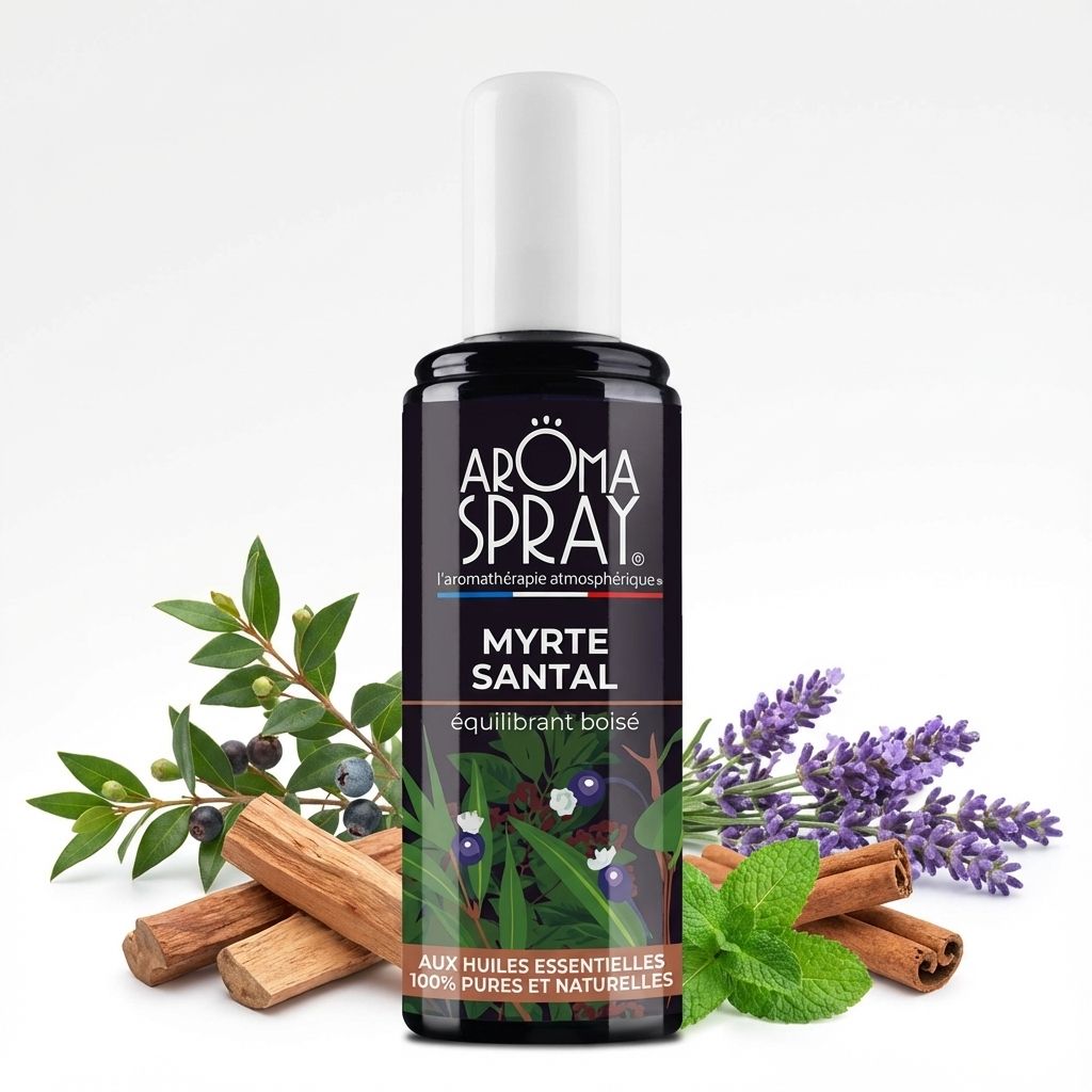 Aromaspray Myrte Santal 100ml avec feuilles de myrte et bois de santal, composition naturelle équilibrante