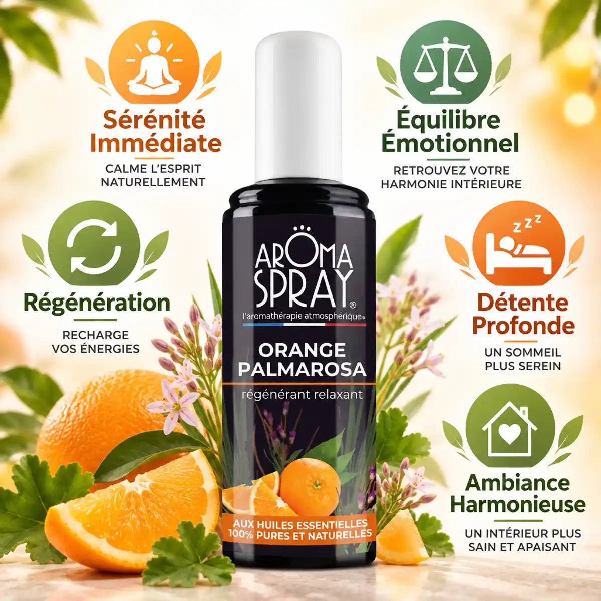 Aromaspray Orange Palmarosa 100ml avec bénéfices relaxants et régénérants affichés