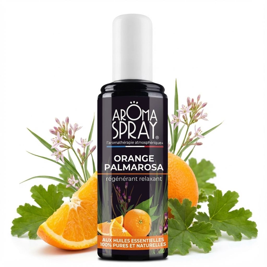 Aromaspray Orange Palmarosa 100 ml entouré d'oranges fraîches et fleurs de palmarosa