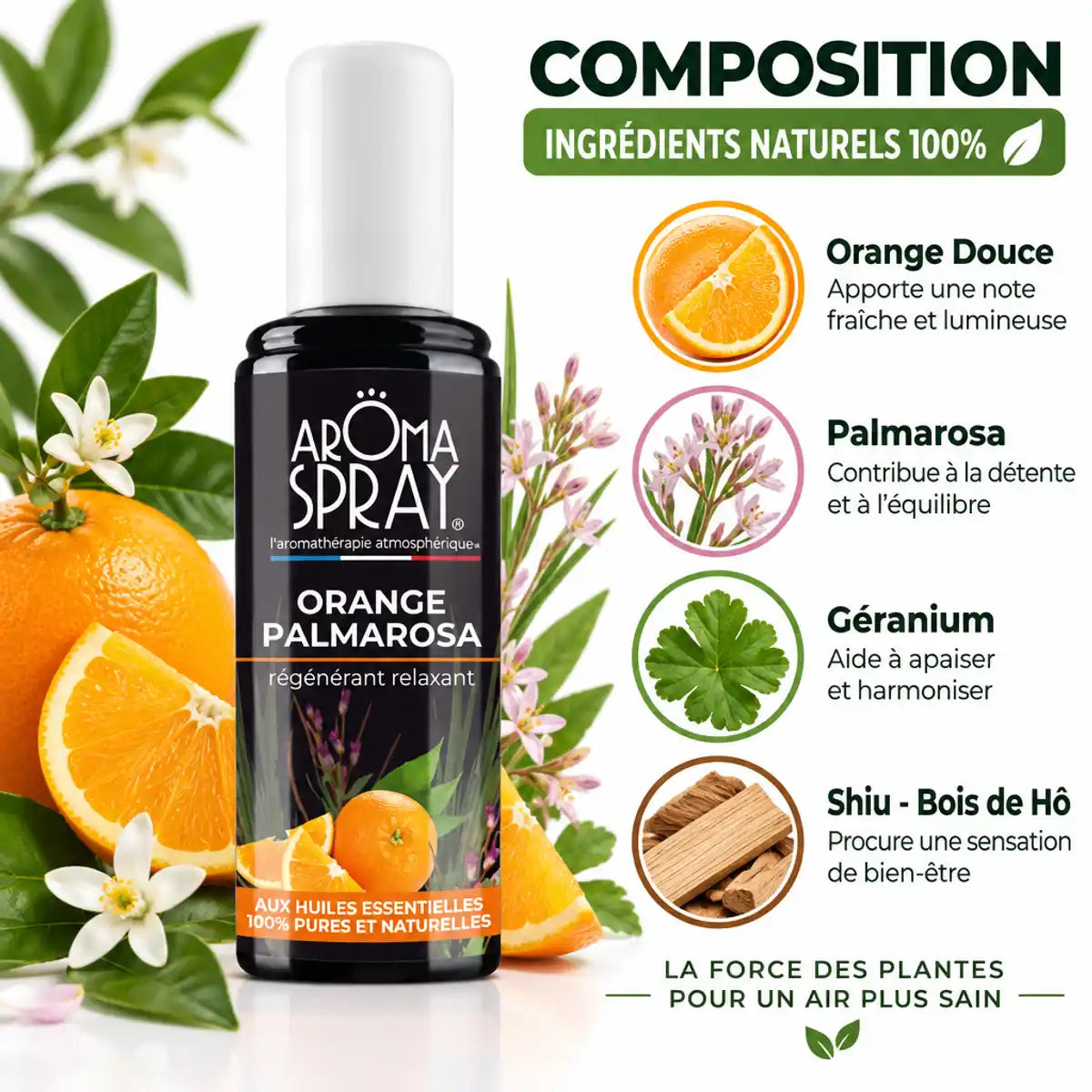 Aromaspray Orange Palmarosa 100ml avec composition naturelle et ingrédients botaniques illustrés