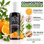 Aromaspray Orange Palmarosa 100ml avec composition naturelle et ingrédients botaniques illustrés