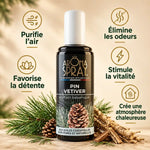 Aromaspray Pin Vetiver 100ml flacon noir avec bénéfices purifie l'air et stimule vitalité