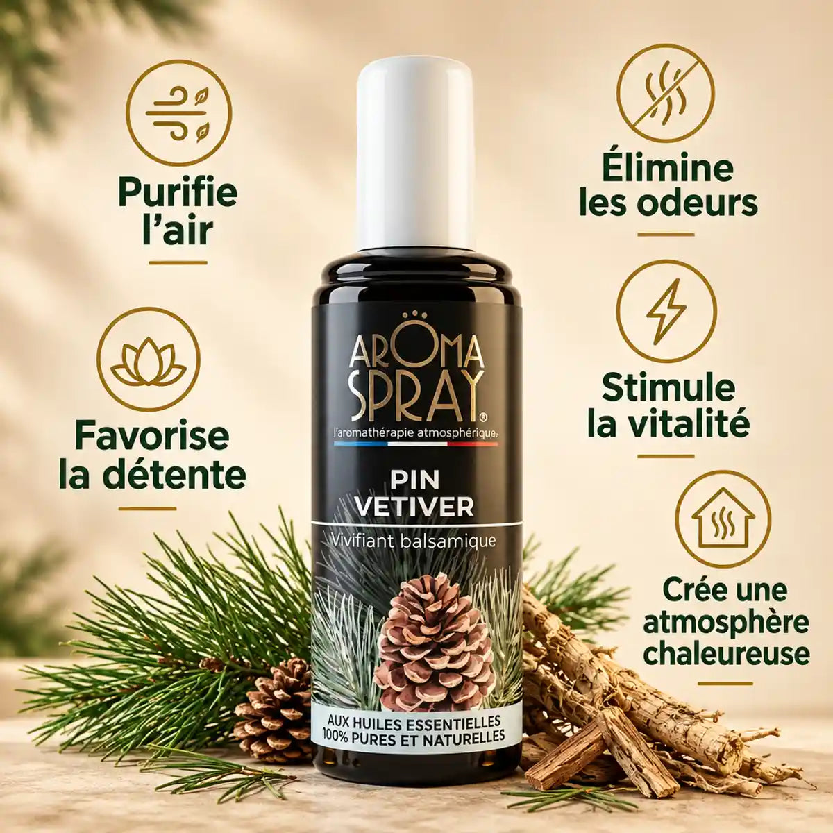 Aromaspray Pin Vetiver 100ml flacon noir avec bénéfices purifie l'air et stimule vitalité