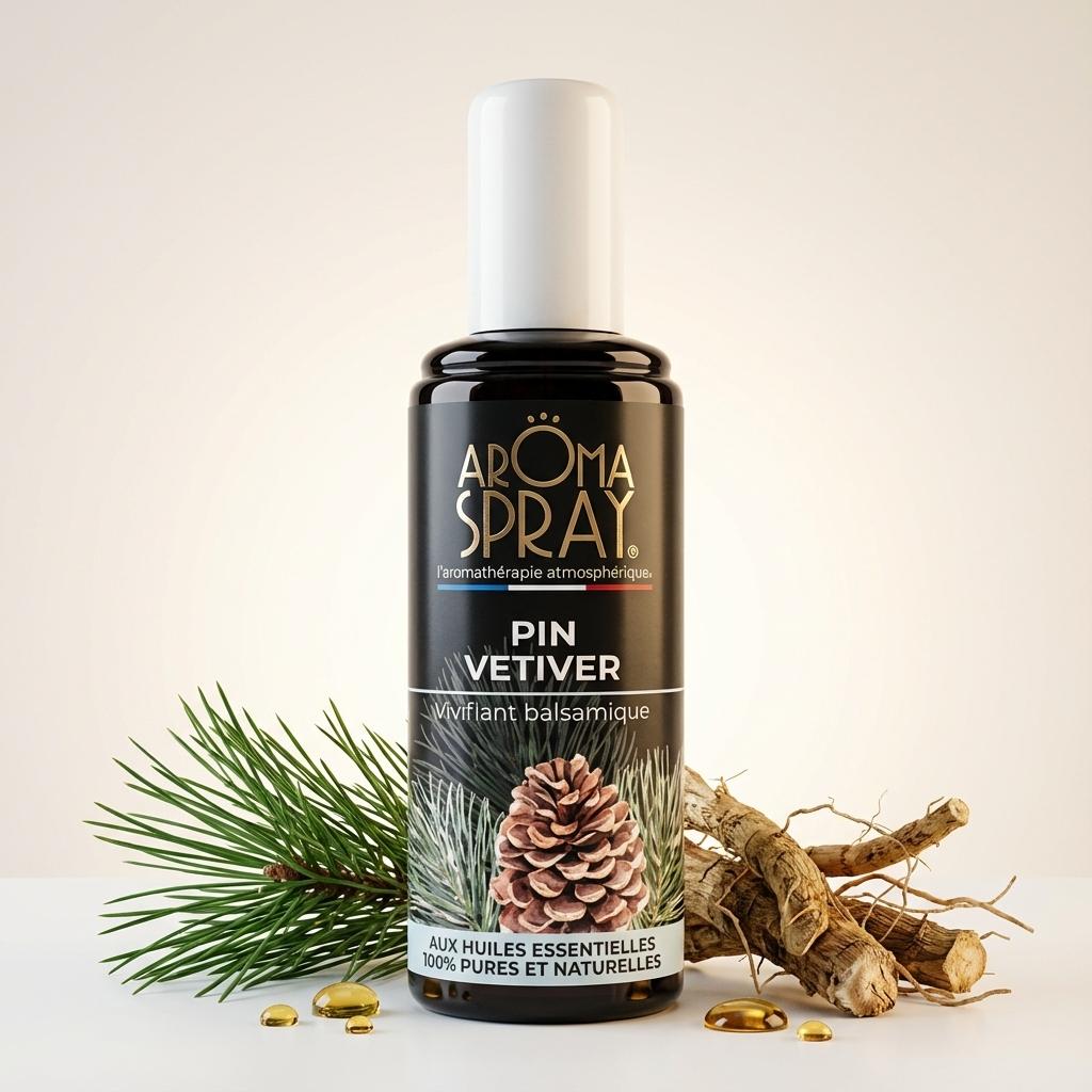 Aromaspray Pin Vetiver 100ml avec ingrédients naturels, vétiver et aiguilles de pin sur fond blanc