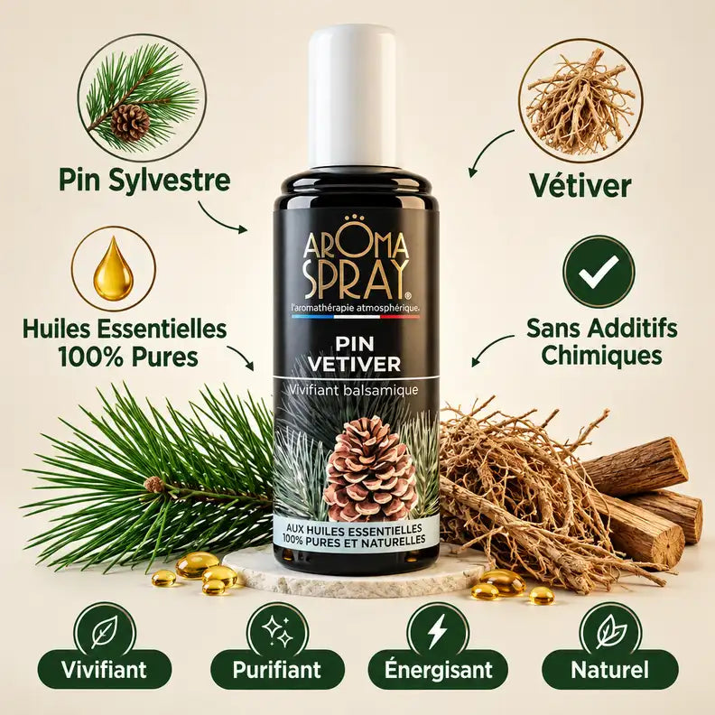 Aromaspray Pin Vetiver 100ml avec ingrédients naturels : pin, vétiver, huiles essentielles pures