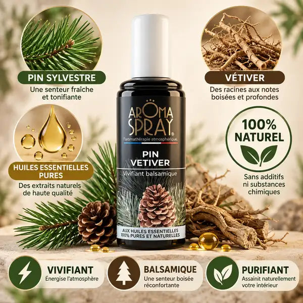 Aromaspray Pin Vetiver 100ml vivifiant balsamique avec ingrédients naturels et huiles essentielles pures