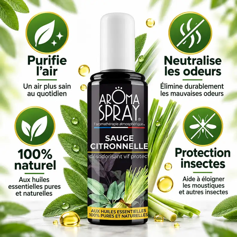 Aromaspray Sauge Citronnelle 100ml Vif'Protect avec bénéfices naturels purifie air neutralise odeurs