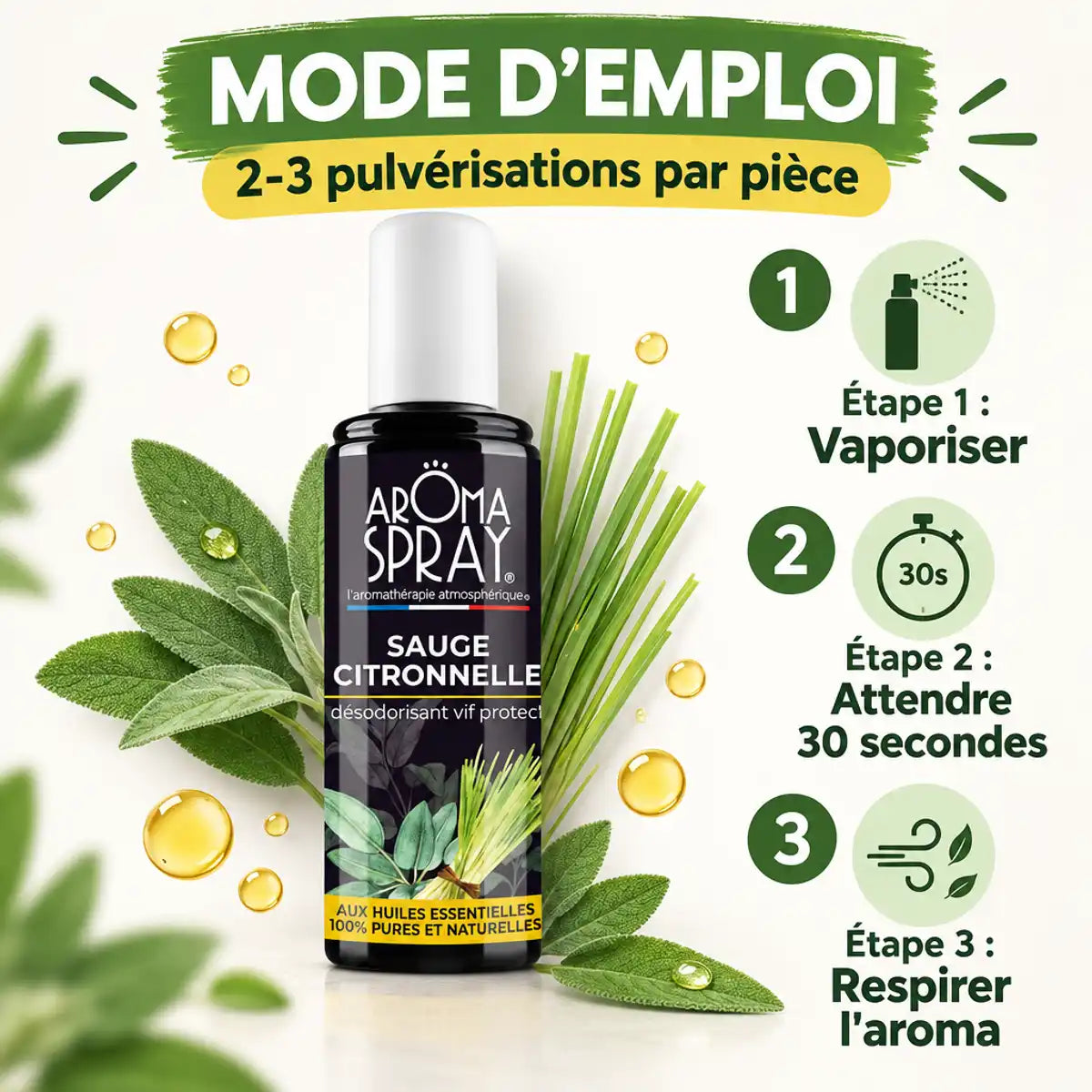 Aromaspray Sauge Citronnelle 100ml Vif'Protect avec mode d'emploi et feuilles de sauge fraîche