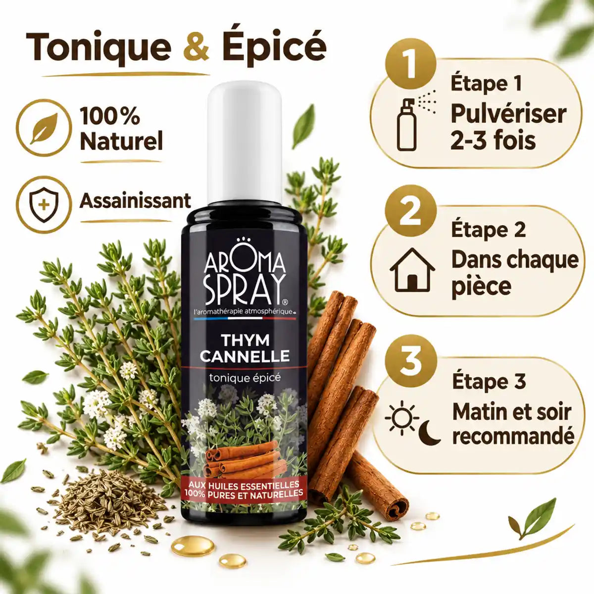 Aromaspray Thym Cannelle 100ml avec mode d'emploi, thym frais et bâtons de cannelle sur fond blanc